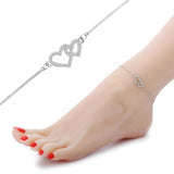 Silver Anklet for Women 2 CZ Zircon Heart Charm Bohemian Ankle Bracelet