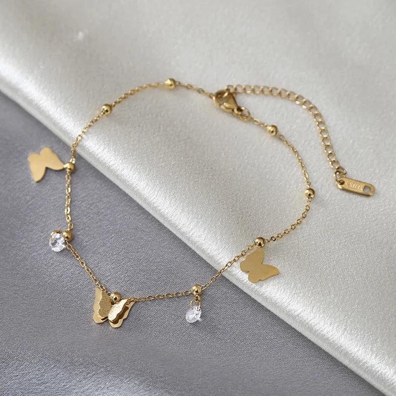 316L Stainless Steel Butterfly Zircon Beads Anklet - Women Girl Leg Chain