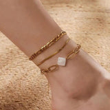 Three-Layer Chain Anklet with Rhinestone and Pearl for Women