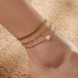 Three-Layer Chain Anklet with Rhinestone and Pearl for Women