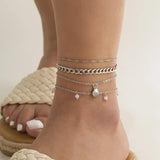 Vintage Multilayer Pink Bead Anklet Metal Scallop Pendant Anklets