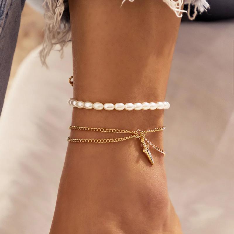 Boho Pearl Beaded Summer Anklet Women Metal Crystal Sword Pendant Beach Anklets