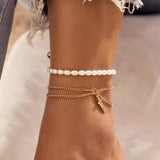 Boho Pearl Beaded Summer Anklet Women Metal Crystal Sword Pendant Beach Anklets