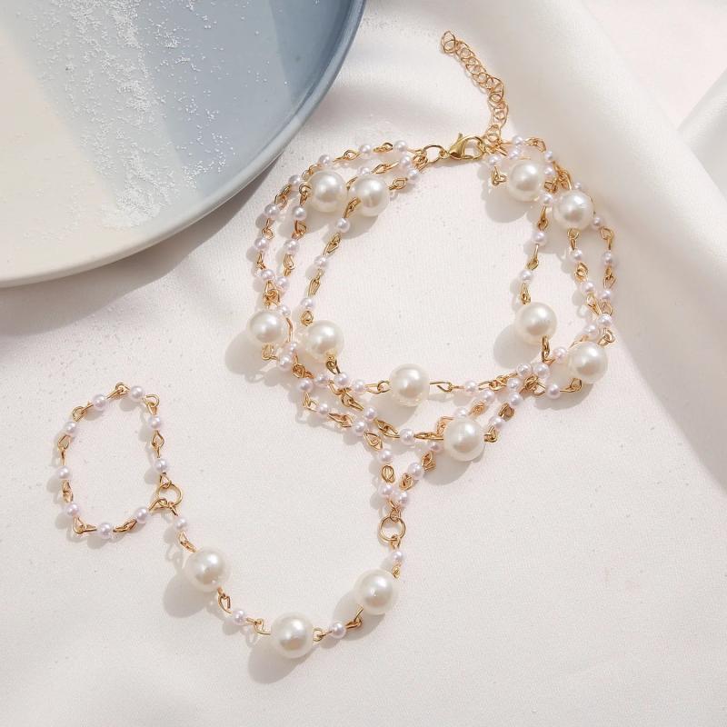 Bridal Pearls Anklets Beach Wedding Barefoot Sandal Leg Foot Bracelets Set