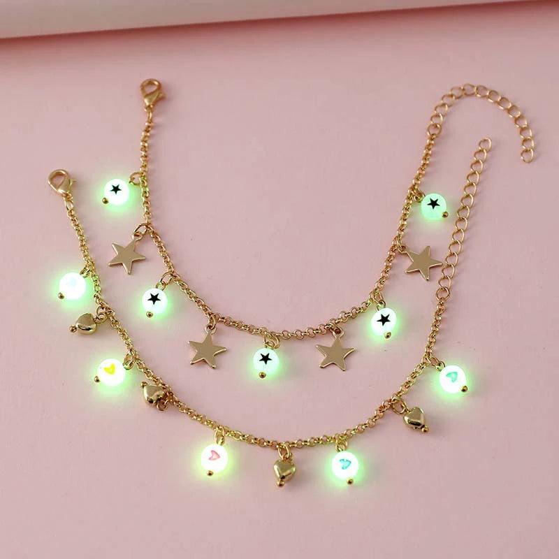 Luminous Star Bead Pendant Anklet for Girls Teens, 2Pcs/set