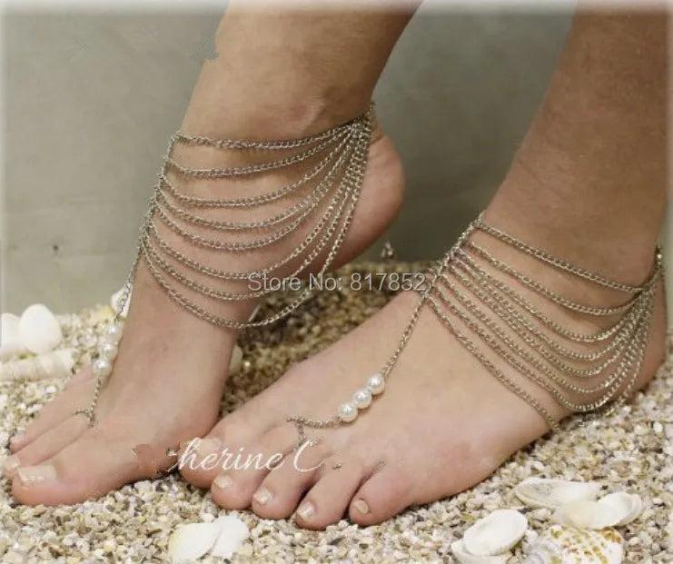 2014 L56 Silver Chain Ankle Anklet Pearls Jewelry