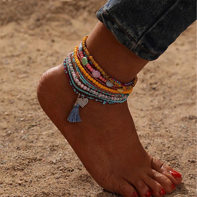 Colorful Beaded Heart Tassel Anklet for Women