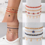 Red Beads Star Tassel Anklet Set Ethnic Drop Oil Alloy Chain Jewelry