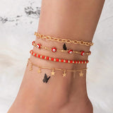 Red Beads Star Tassel Anklet Set Ethnic Drop Oil Alloy Chain Jewelry