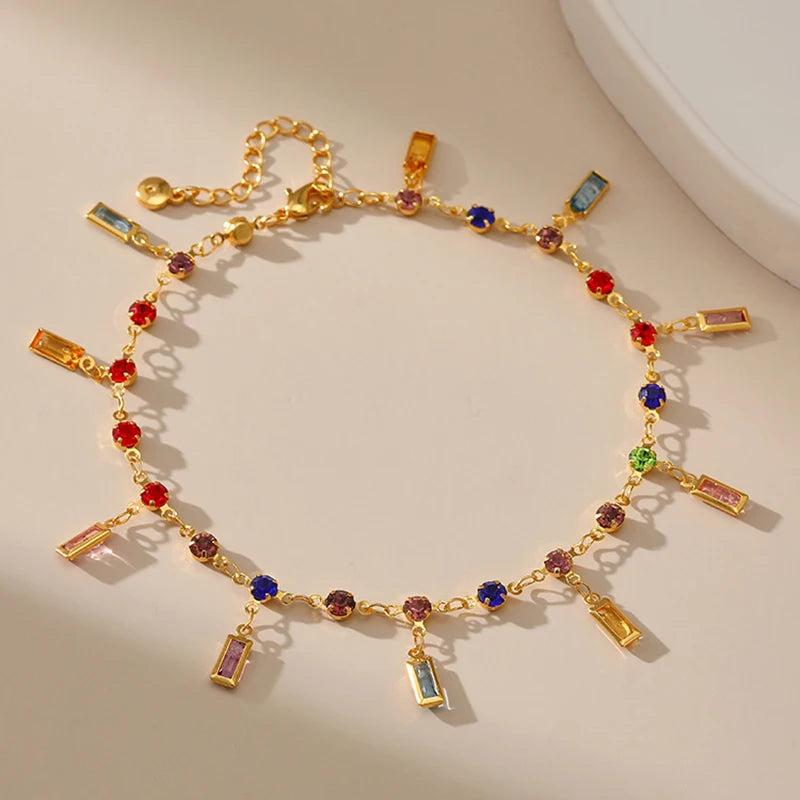 Rainbow Crystal Woman Anklets CZ Rectangle Tennis Stone Anklets