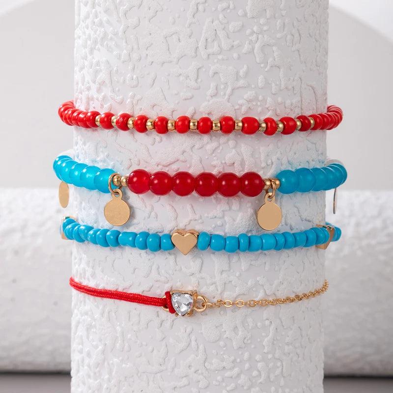 6pcs/set Adjustable Beaded Anklet for Women with Heart Crystal Stone