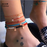 6pcs/set Adjustable Beaded Anklet for Women with Heart Crystal Stone