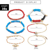 6pcs/set Adjustable Beaded Anklet for Women with Heart Crystal Stone