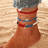 6pcs/set Adjustable Beaded Anklet for Women with Heart Crystal Stone