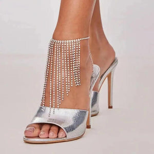 Pattern Tassel High Heel Shoes with Rhinestone Anklet