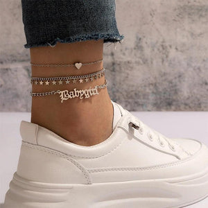 Heart Letter Anklets Silver Tassel Foot Chain 3pcs