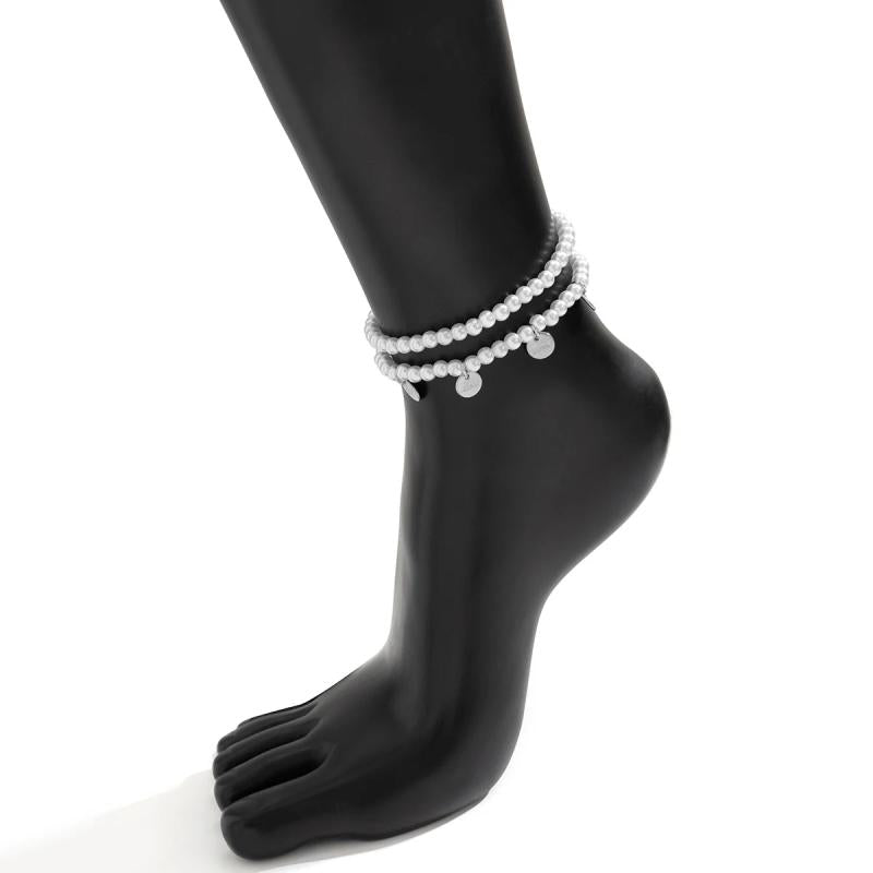 Multilayer Pearl Letter Round Coin Anklets Set for Women