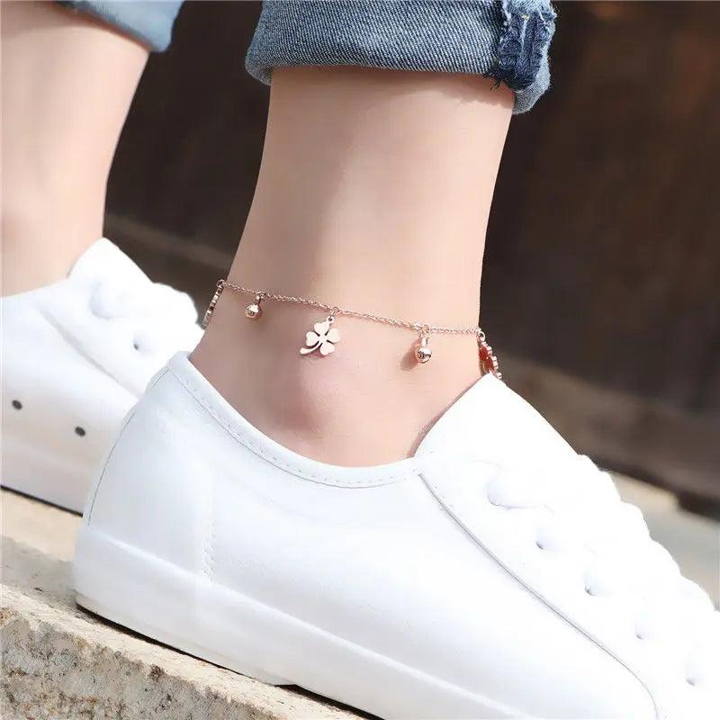 Flower Bells Anklet 18KGP Rose Stainless Steel Charm Jewelry Gift
