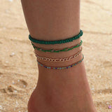 Boho Green Beaded Anklet Set Jewelry 4pcs/set