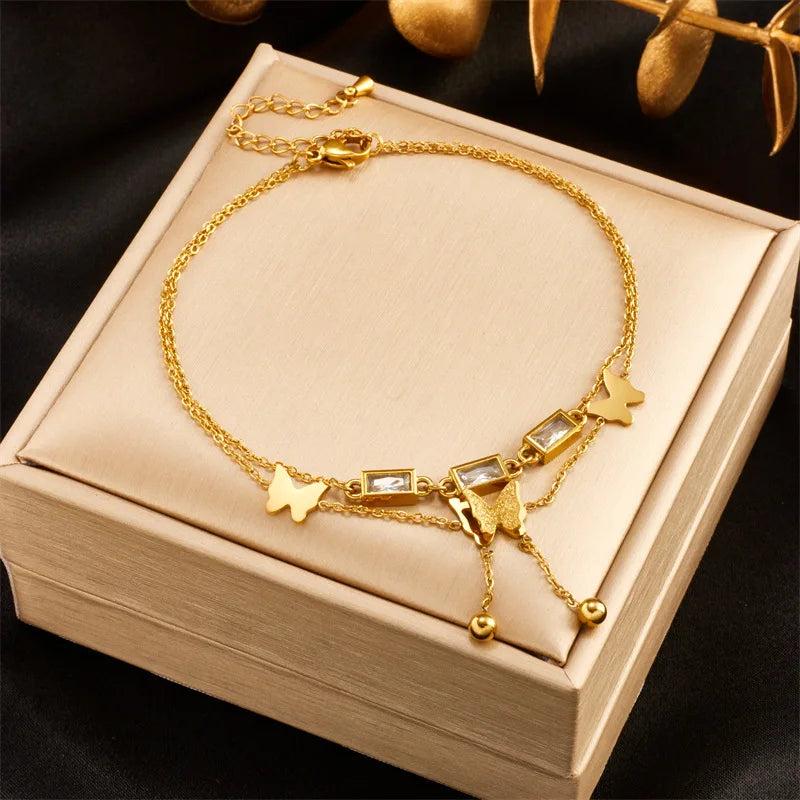 316L Stainless Steel Zircon Butterfly Anklet for Women