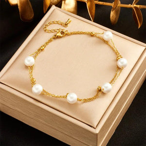 316L Stainless Steel Double Layer Pearl Anklets For Women Girl Leg Chain