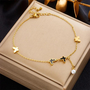316L Stainless Steel Butterfly Pearl Charm Anklets For Women Girl Leg Chain