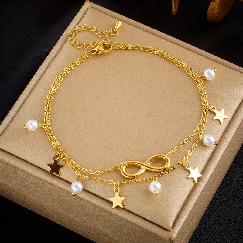 316L SS Star Pearl #8 Charm Anklet Multilayer Chains Anti-Rust Gift