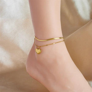 316L Stainless Steel Heart Charm Anklets 2-Layer Leg Chain