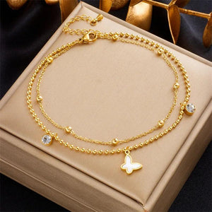 316L Stainless Steel Butterfly Zircon Anklets Double Layer Waterproof Jewelry
