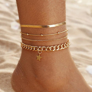 Bohemia Multi-layer Ankle Bracelet Set For Women Star Pendant Chain Leg Jewelry