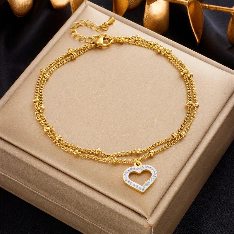 316L Stainless Steel Heart Love Charm Anklets Waterproof Jewelry