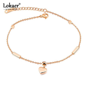 Heart & Cube Charm Anklets Rose Stainless Steel Foot Bracelet