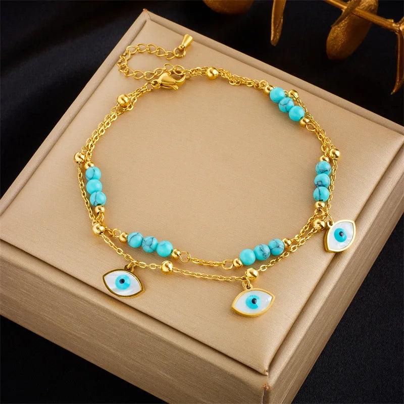 316L Stainless Steel Green Stone Eye Anklet for Women