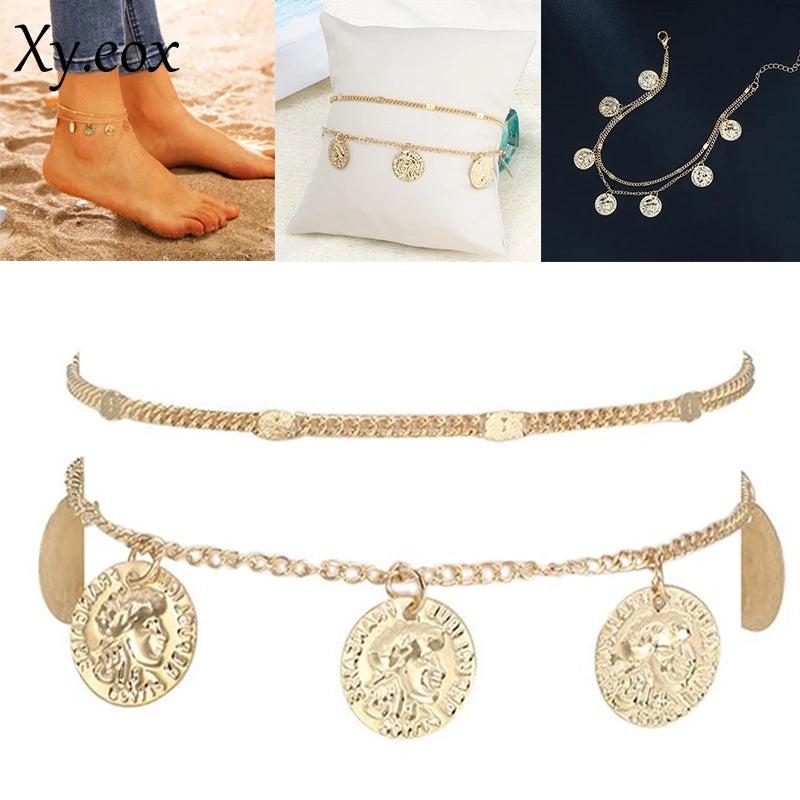 Coin Charm Anklet Double Layer Chain Foot Jewelry Women
