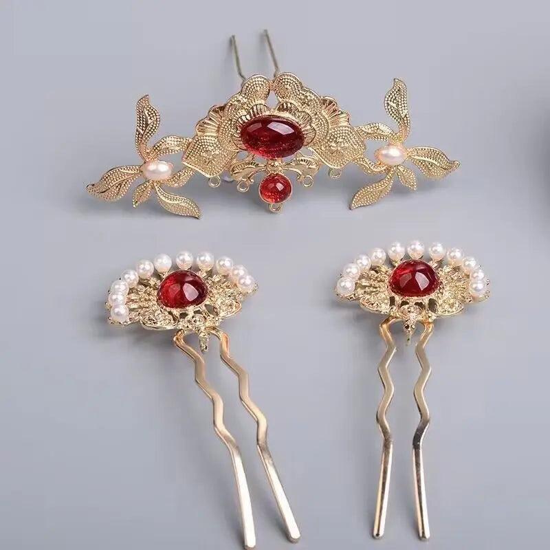 Chinese Gem Hair Crown Hanfu Pearl Accessories Set