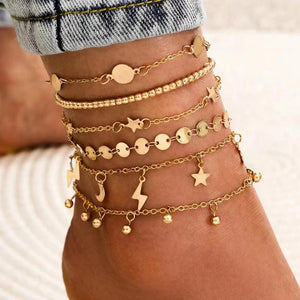 6-Piece Boho Chain Foot Jewelry Charm Anklet Set Girls Beach Accessories
