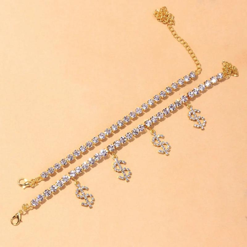 Stonefans Rhinestone Dollar Anklets 2Pcs/Set Boho Summer Foot Chain Bracelet
