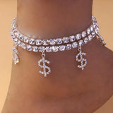 Stonefans Rhinestone Dollar Anklets 2Pcs/Set Boho Summer Foot Chain Bracelet