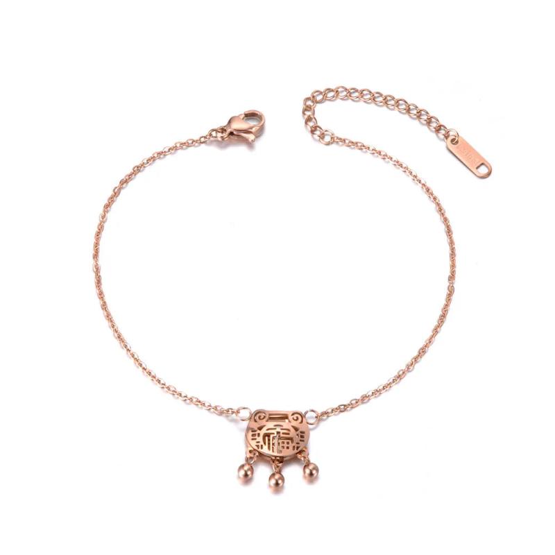 Chinese Style Longevity Lock Charm Anklet Foot Jewelry Stainless Steel