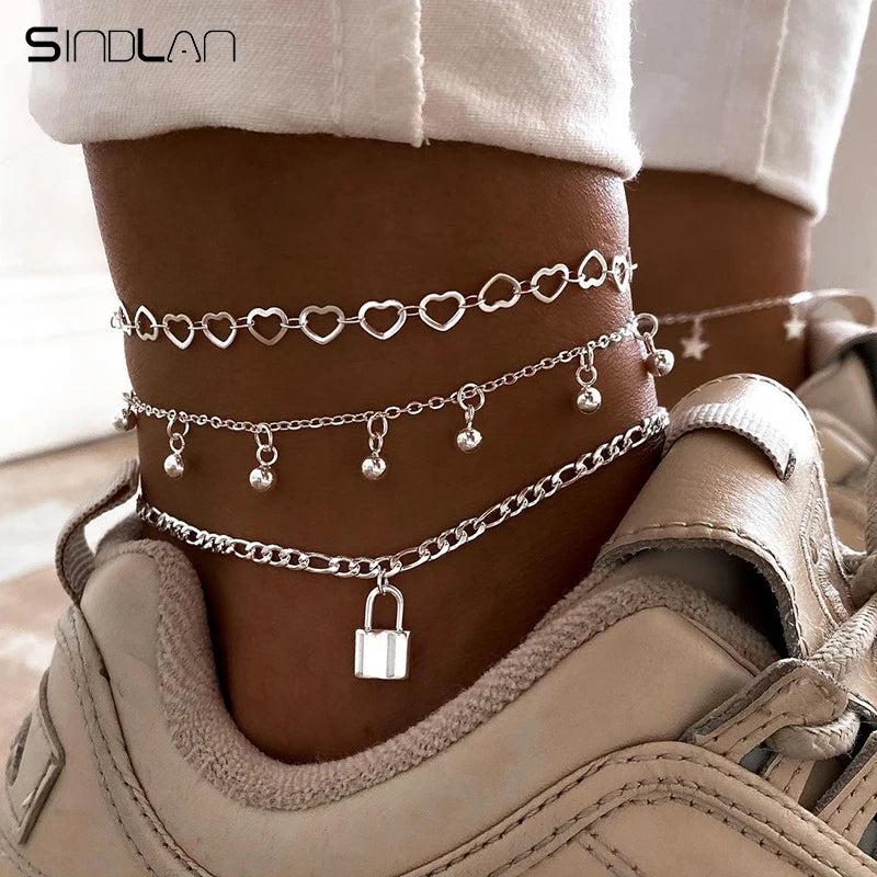 Sindlan 3Pcs Punk Silver Lock Anklet Bracelets Women Boho Heart Sandals Jewelry
