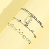 Sindlan 3Pcs Punk Silver Lock Anklet Bracelets Women Boho Heart Sandals Jewelry