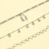 Sindlan 3Pcs Punk Silver Lock Anklet Bracelets Women Boho Heart Sandals Jewelry
