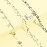 Sindlan 3Pcs Punk Silver Lock Anklet Bracelets Women Boho Heart Sandals Jewelry
