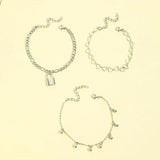 Sindlan 3Pcs Punk Silver Lock Anklet Bracelets Women Boho Heart Sandals Jewelry