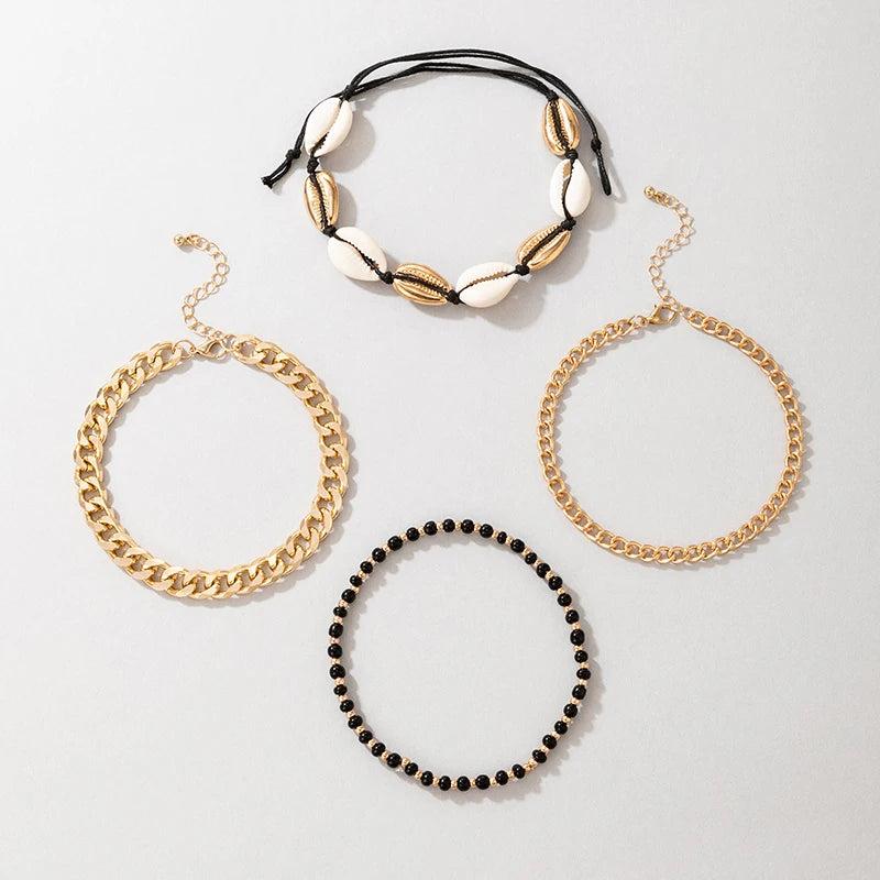 Bohemian Shell Anklets Beaded Alloy Metal Foot Chain Jewelry 4pcs/sets
