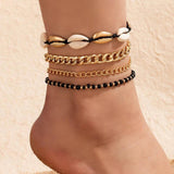 Bohemian Shell Anklets Beaded Alloy Metal Foot Chain Jewelry 4pcs/sets