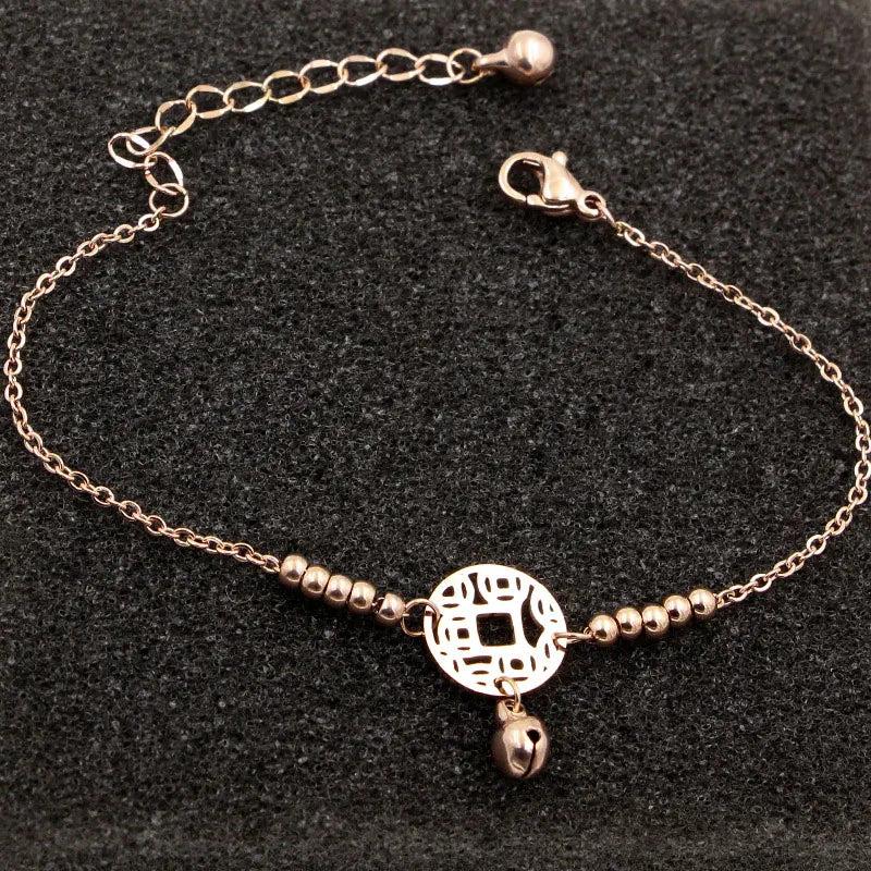 Chinese Style Copper Coin & Bead Bell Anklet for Women & Girls