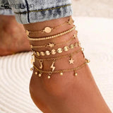 Sindlan 6Pcs Boho Star Anklets Set for Women
