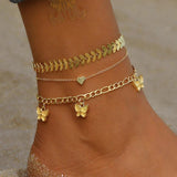 Sindlan 3Pcs Vintage Butterfly Chains Anklets for Women Punk Heart Bracelet