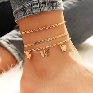 Sindlan 3Pcs Vintage Butterfly Anklet Bracelet Set Boho Geometric Summer Jewelry
